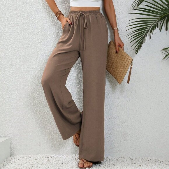 Coffee Brown Casual Women's Summer Drawstring Elastic Waist Wide Leg Pants